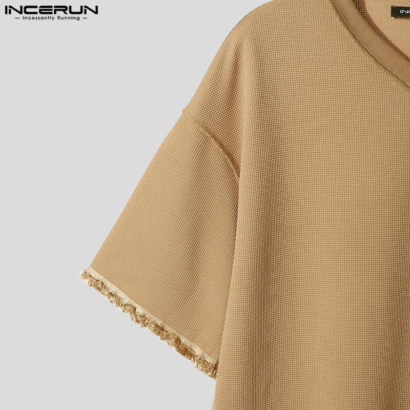 INCERUN Pánská nadměrná trička s texturou, s krátkým rukávem a výstřihem do V, ležérní volná