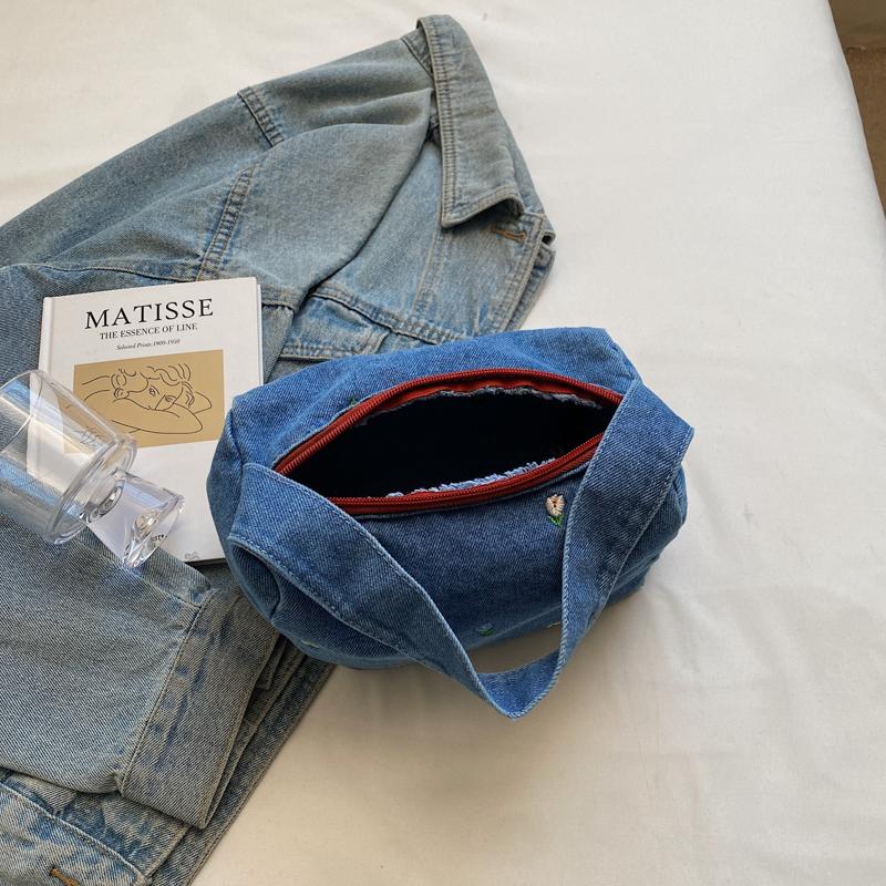 Denim Small Square Bag Flower Embroidery Lightweight Women's Shoulder Bag