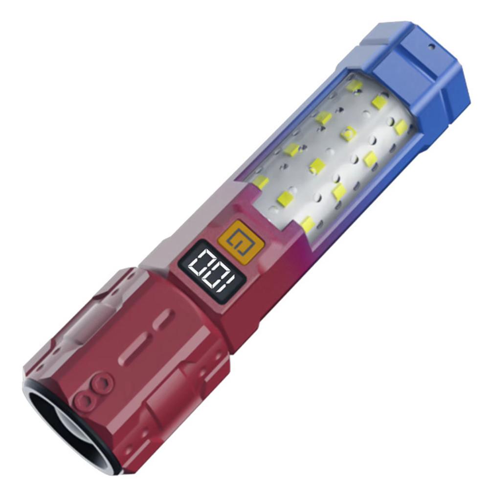 

Portable Zoomable Waterproof Torch Light LED Flashlight With Side Cobs Light 6 Lighting Modes Rechargeable Torches For Outdoor Red Blue Gradient