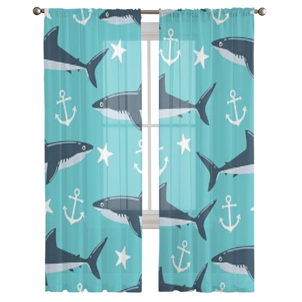 Shark Pattern Luxurious Chiffon Sheer Curtains for Living Room Bedroom Decoration Window Voiles Tulle Curtain