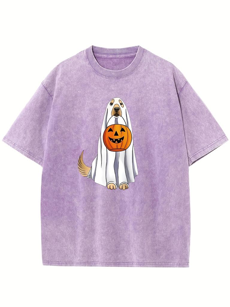 Halloween Themed Retro Washed Highquality Cotton Pattern Mens Washed Tshirt Summer Round Neck Top Short Sleeved Shirt