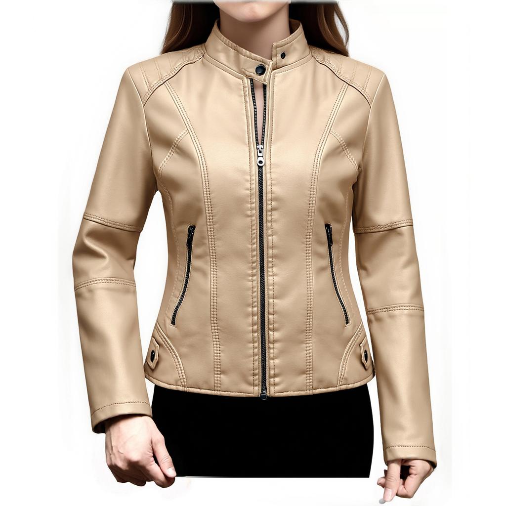 Women's Casual Fashion Slim Fit Thin Motorcycle Large Size Stand Collar Leather Jacket