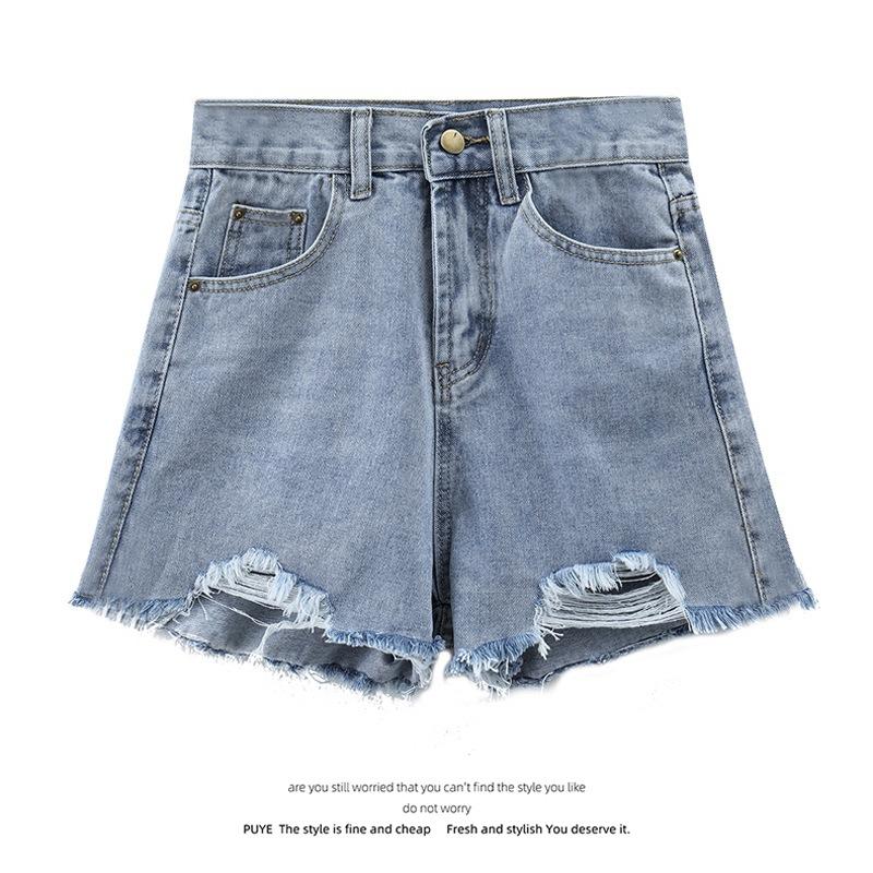 Classic and Minimalist Fashion Versatile Broken Holes Female Summer High Waist Thin Thin Section Loose A-line Denim Shorts Individuality Trendiness