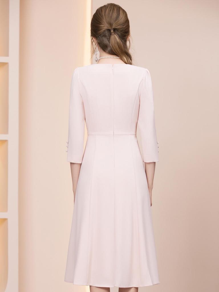 ZhiLi Elegant Spring 2026 A-Line Dress - Unique Three-Quarter Sleeve, Waist-Cinched Design