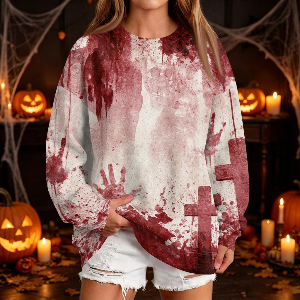 Women's Casual Round Neck Sweatshirt with Halloween Print, Long Sleeve Pullover for Festivals