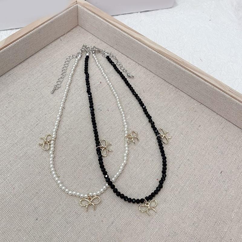 Fashion Elegant Bowknot Charm Necklace Crystal Beaded Clavicle Chain Choker Necklace Statement Jewelry Neck Chain