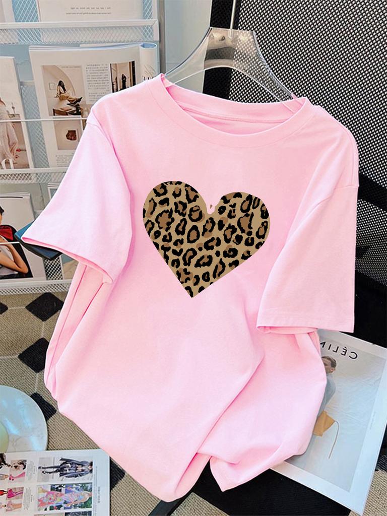 Summer Cotton TShirts Women Simple Leopard Print Heart Printing T Shirt ONeck Comfortable Loose Tops Street Womens Clothes
