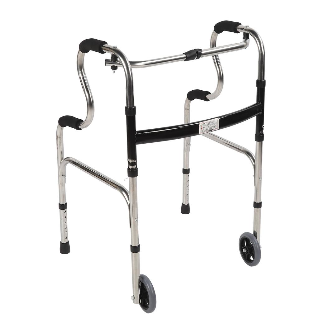 Elderly Walker 6 Height Adjust 4 Legs Stainless Steel Senior Folding Walker with Wheels Double Bend
