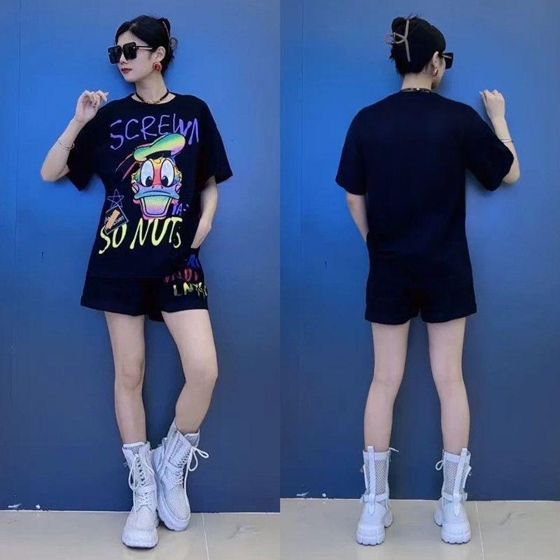 

2026 Summer Plus Size Women s Korean Cartoon Casual Short Sleeve Two-Piece Set M [Recommended 80-100 lbs]