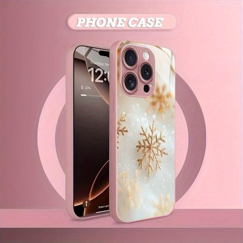Golden Christmas Snowflake Pattern Metallic Paint Glass Phone Case For iPhone 17 16 15 14 13 12 11 Pro Max Plus 16E 17 Air Cover