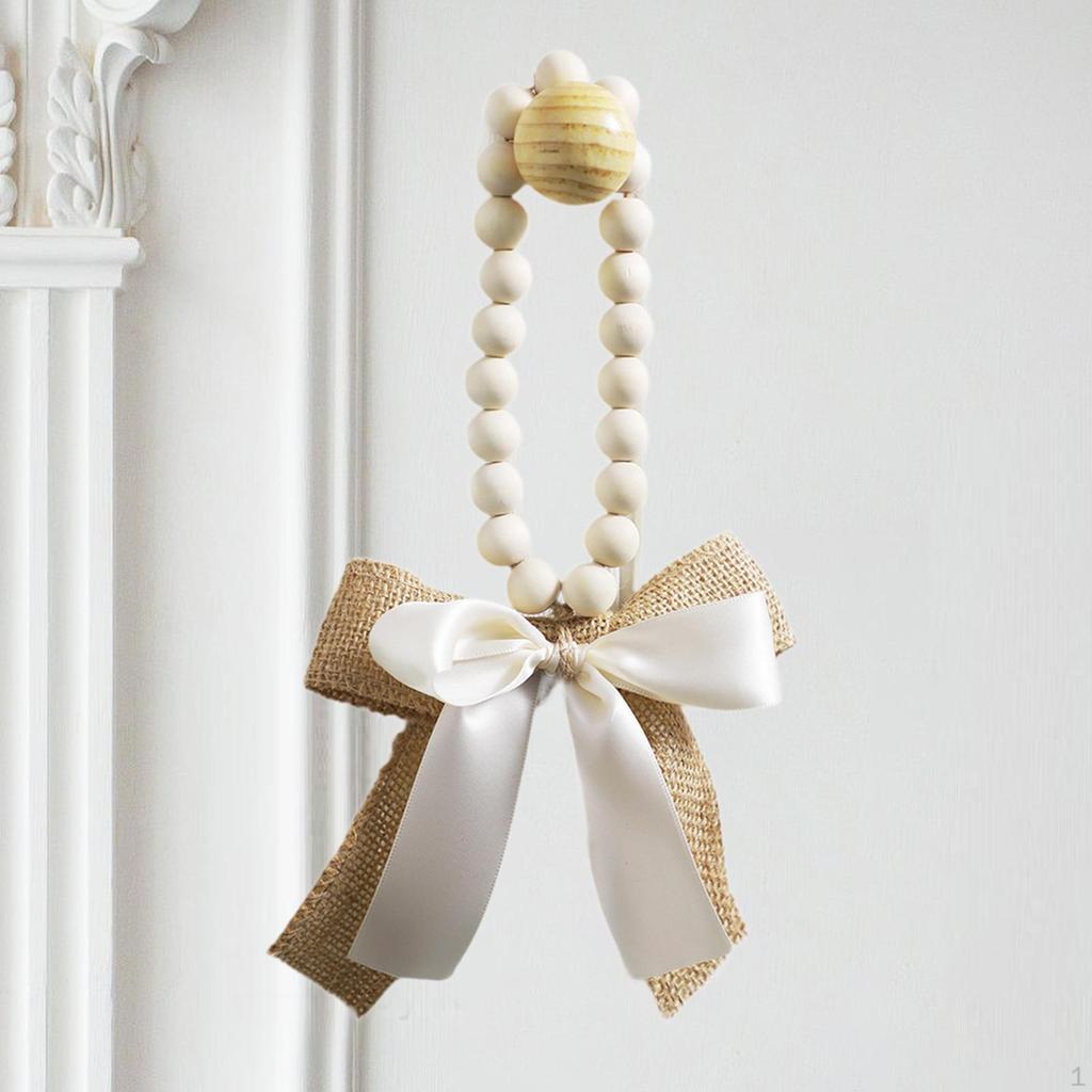 Wood Bead Pendant Home Decor Farmhouse Decorative with Linen Bow Hanging Ornament for Room