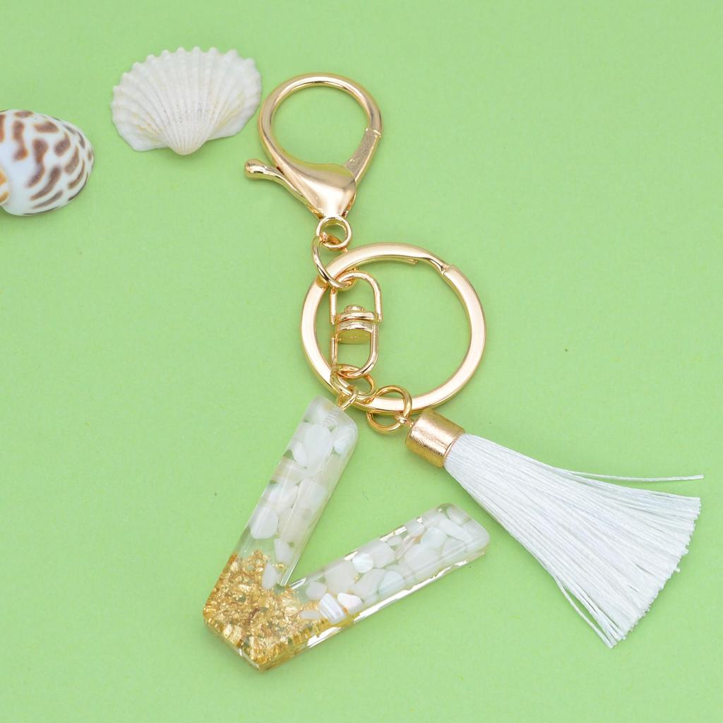 Trendy White Tassel Letter Keychain with Crystal Pendant