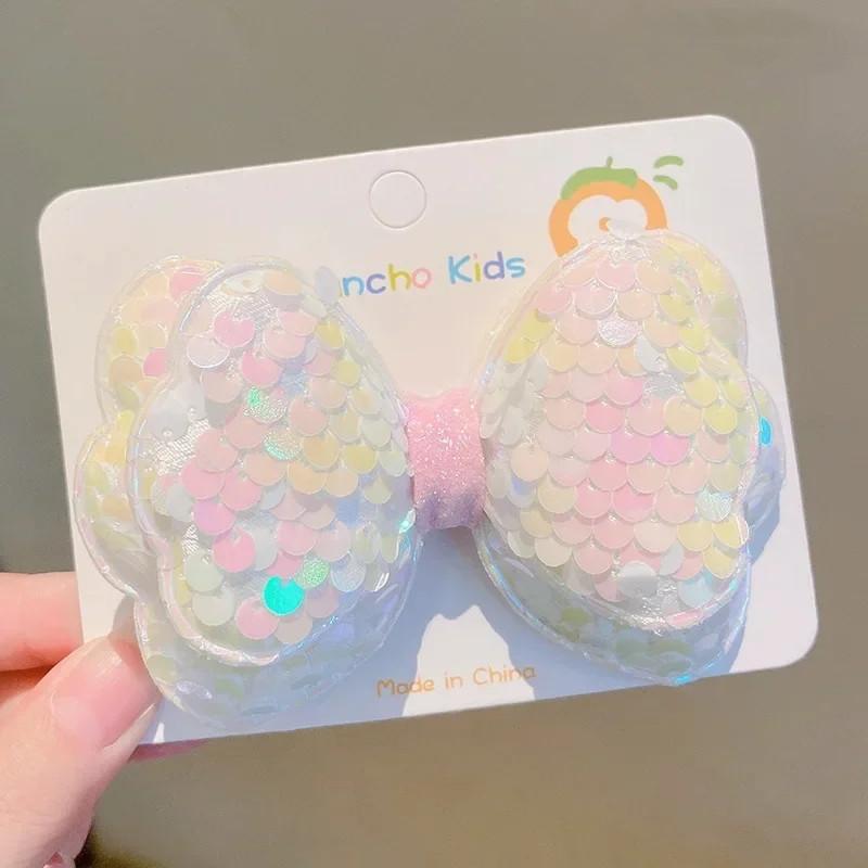 1pc Laser Sequins Bow Hair Clips Girls Children Headdress Bangs Side Duckbill Clip Sweet Cute Hair Styling Accessories Hairbands