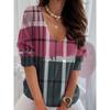 Color Blocked Plaid V-neck Top for Women, Fashionable Contrasting Loose Casual T-shirts