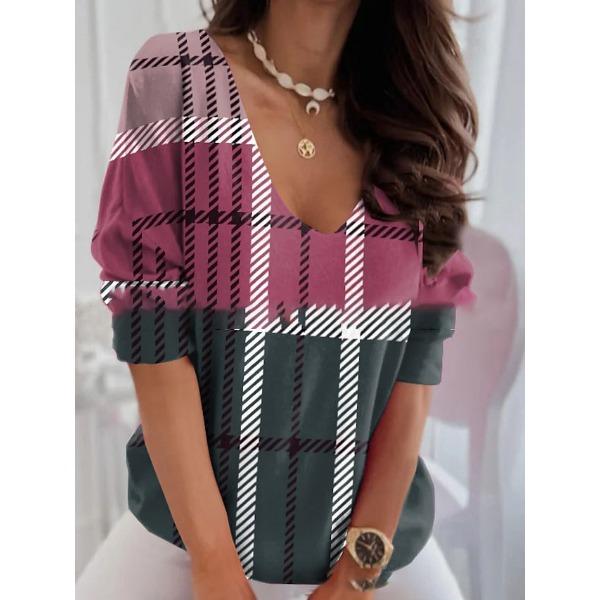 Color Blocked Plaid V-neck Top for Women, Fashionable Contrasting Loose Casual T-shirts