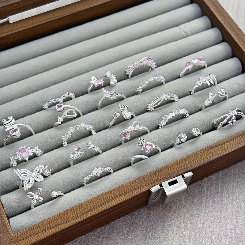 Light Luxury Sweet Cool Pink Cute Full Diamond Zir*****Pening Adjustable Ring Niche Design High-End Ring Woman