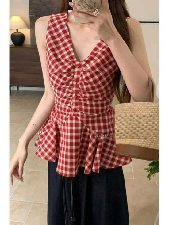 Pleated Checkered Sleeveless V-Neck Doll Shirt for Women - Petite Korean Style.