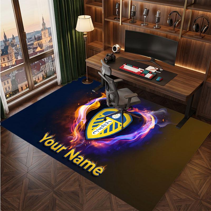 Leeds United Custom Crystal Velvet Rug, Personalized Name Text Print, Football Logo Soft Non‑Slip Floor Mat Home Decor Gift