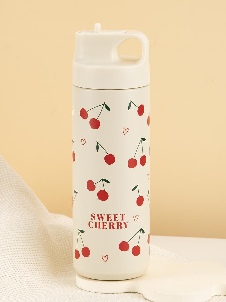 500ml Stainless Steel Bow Thermo Water Bottle Double-layer Cherry Print Vacuum Cup Leak Prevention Insulated Flasks Thermal Tumb