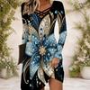 Women S Criss Cross V Neck Long Sleeve Black Floral Printed Fitted Curved Hem Dress