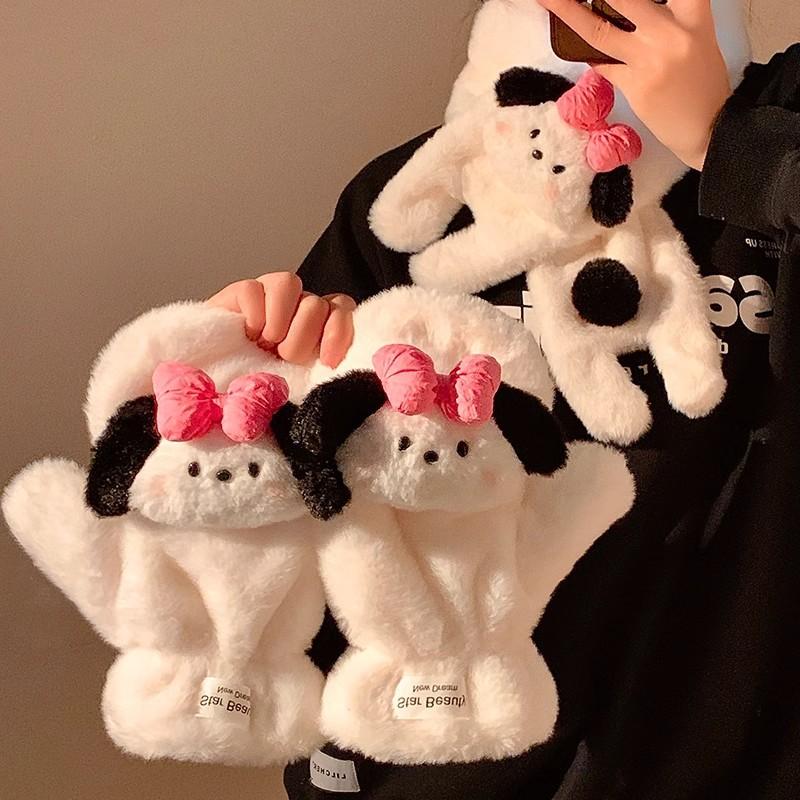 Cute bow puppy plush finger female cold proof plush thickened neck new