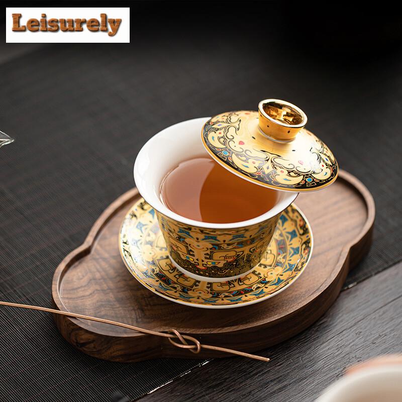 Chinese Tangka Rotatable Gold Silver Mixed Gaiwan Zen Sheep Fat Jade Hovering Lid Tea Tureen Tea Maker Cover Bowl Tea Services