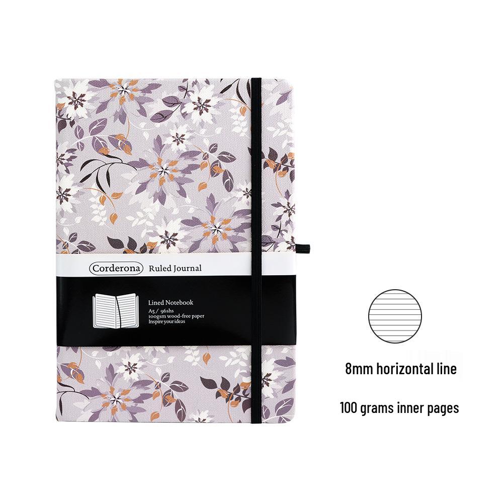 A5 Grey Floral Bullet Journal with Elastic Band & Pocket - Dot Grid & Lined Notebook Planner, Hardcover