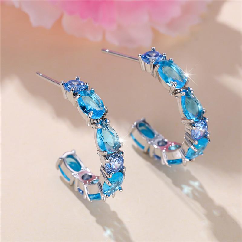 Luxury Female Blue Stone Stud Earrings Silver Color Zircon Wedding Jewelry For Women