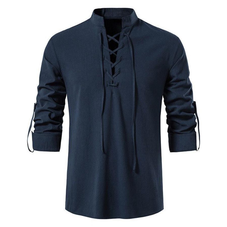Men's Plus Size Cotton Henry Shirt Hippie Casual Long Sleeve Beach Stand Collar Shirt Man White Black Oversized Tops