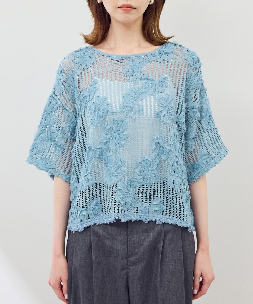 ROPE PICNIC Mesh Cord Embroidered Pullover Top In Black Women's (01)