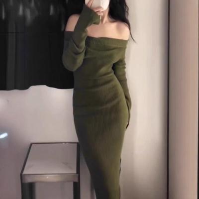 [] Temperament Celebrity Long Birthday Party Dress Niche Sexy One-word Shoulder Knitted Dress Autumn and Winter