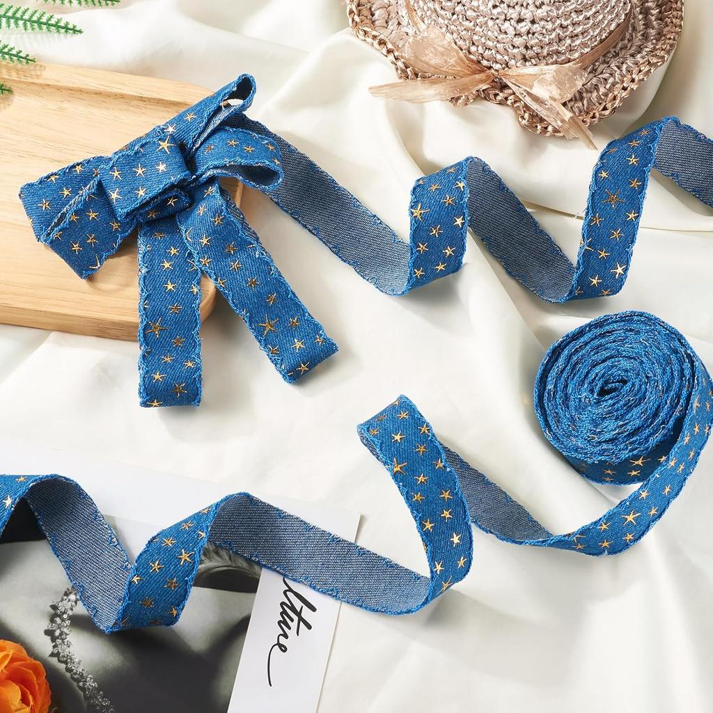 5 Yards Marine Blue Gold Foil Star Denim Ribbon for Clothes Accessories,3D Star Gold Stamping Jean Cloth Fabric Ribbon, 1 Inch Denim Cloth Ribbon for