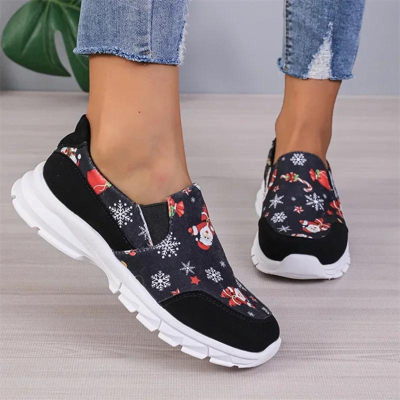 Fashion Christmas Sneakers Woman  New Santa Claus Print Shoes Fashion Lovely Casual Flat Shoes New Year Vulcanized Shoes 2024