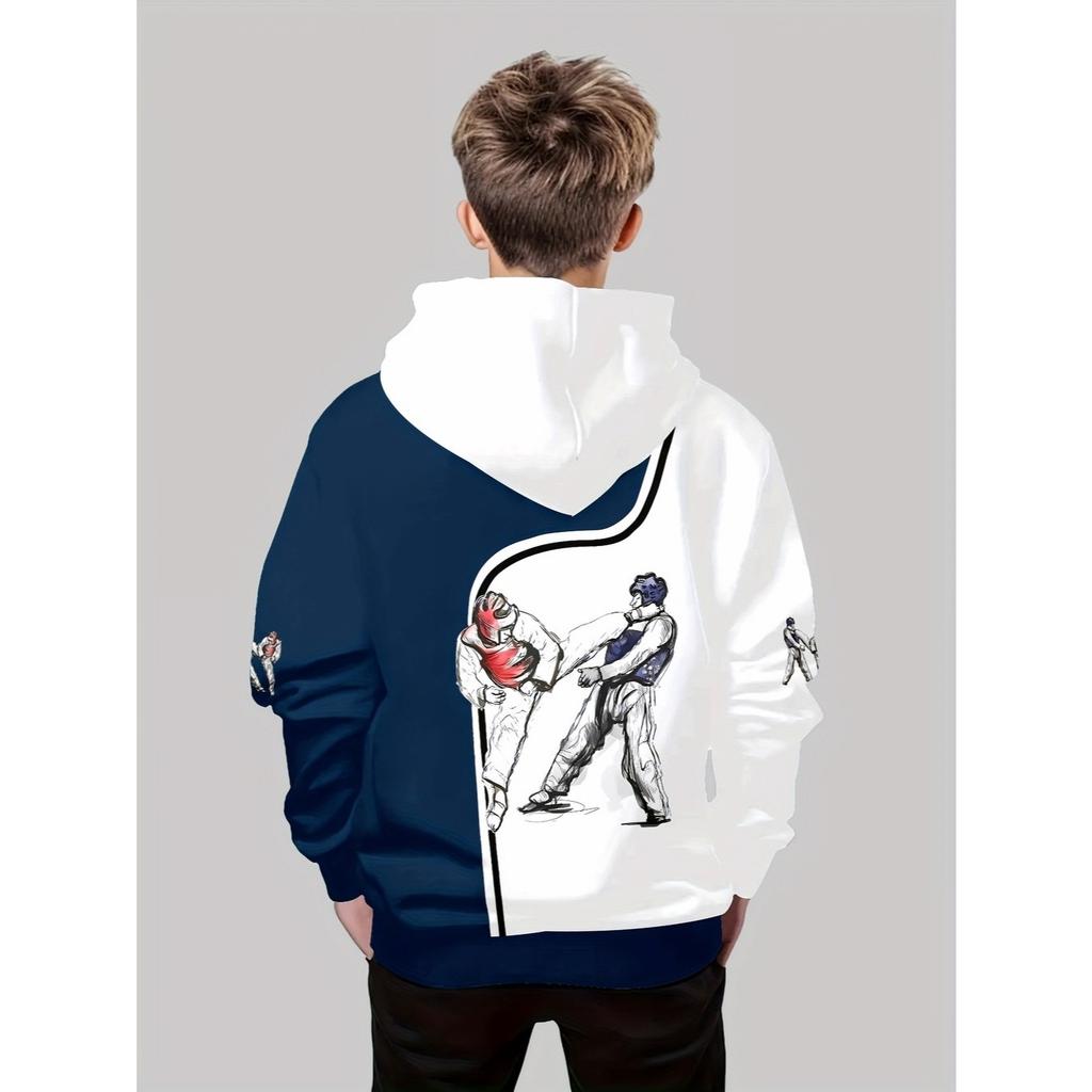 Boys' 3D Printed Casual Pullover Sweatshirt, Boys' Outdoor Taekwondo Casual Hoodie Top Hooded Sweatshirt