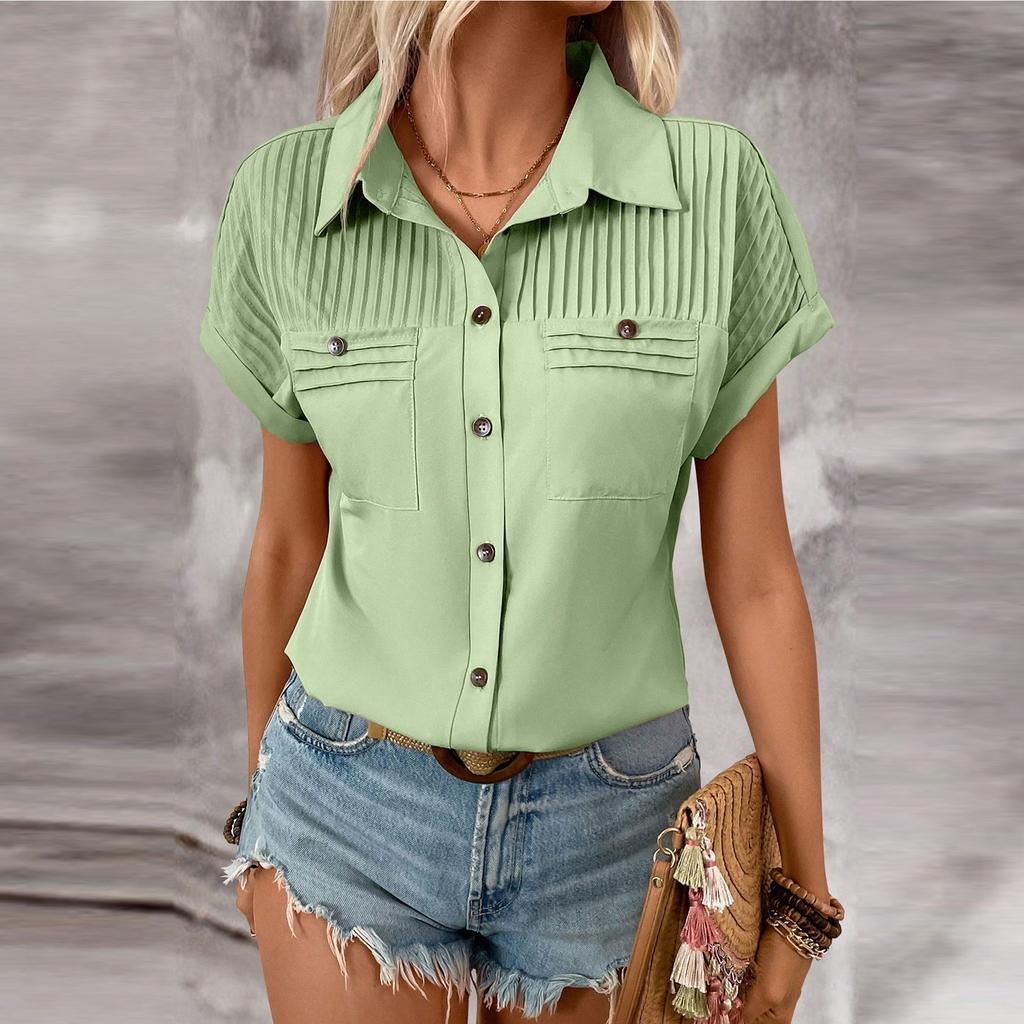 Tricou cu mânecă scurtă cu buzunar cu rever pentru femei, de culoare uni, cămașă cu un singur piept