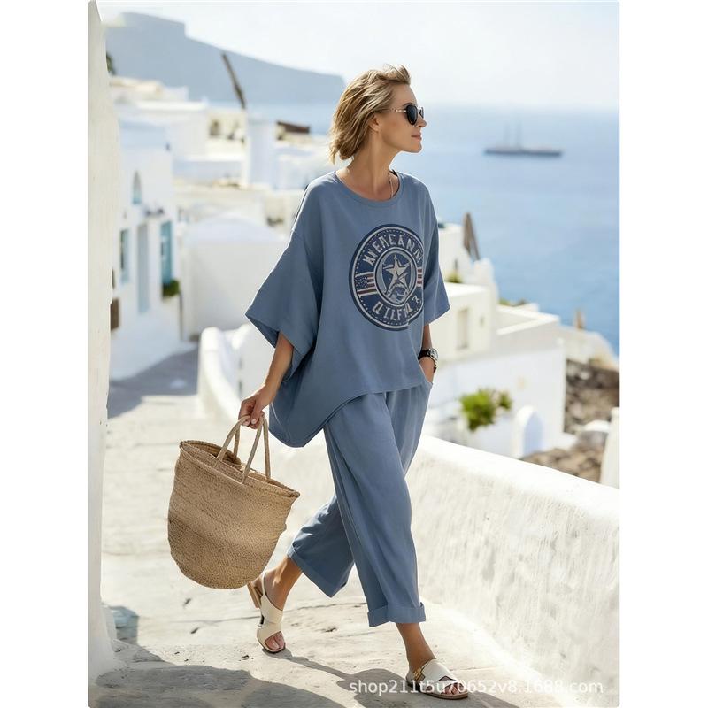 Women's casual two-piece set, loose vacation bohemian style independent sun rainbow print casual set for women