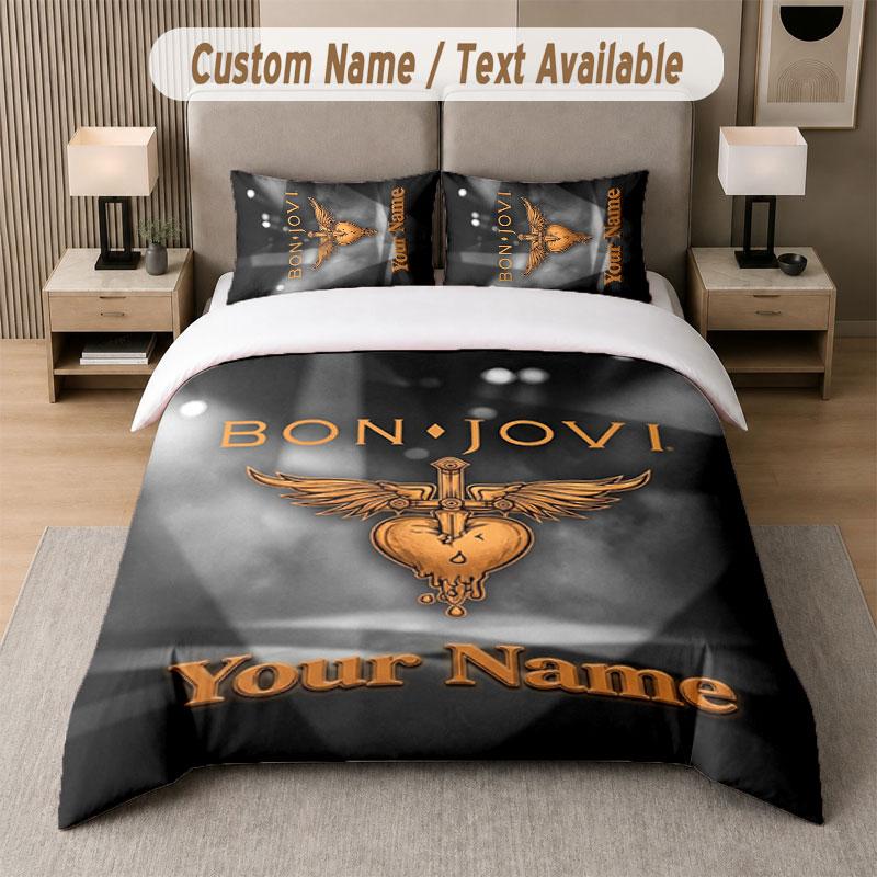 Set Biancheria da Letto Personalizzato Modello Bon Jovi, Stampa Nome Testo 1 Copripiumino più 2 Federe Tessile per la Casa