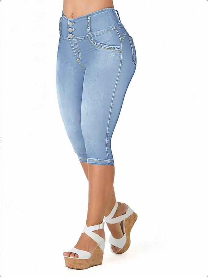 European Butt-Lifting Mid-High Waist Denim Cropped Pants for Women S