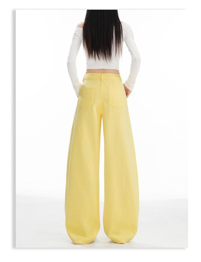 Women's American-Style Wide-Leg White Jeans: Autumn/Winter Pleated Casual Straight Floor-Length Pants