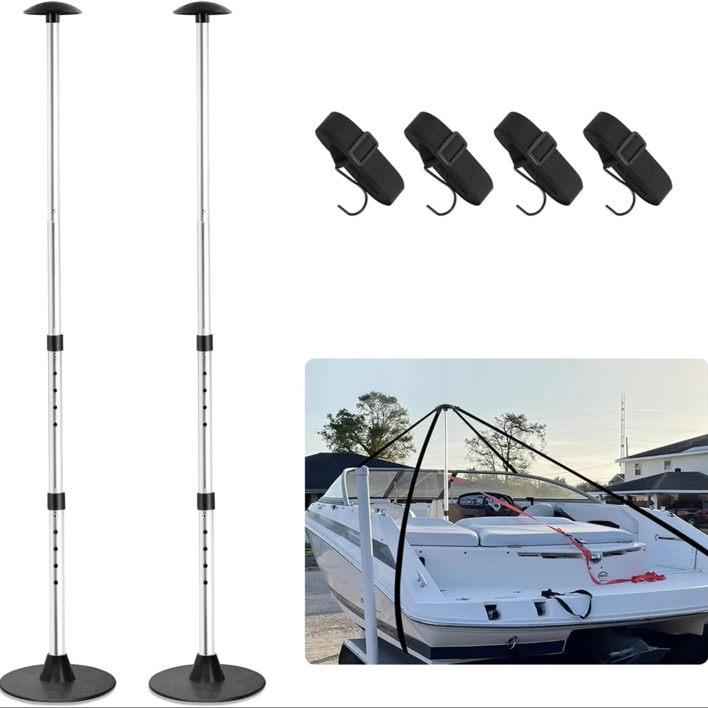 Boat Cover Support Poles Adjustable Boat Cover Pole Support System - Pontoon Cover Support Pole with 4 Webbing Straps for Jon SIILVER