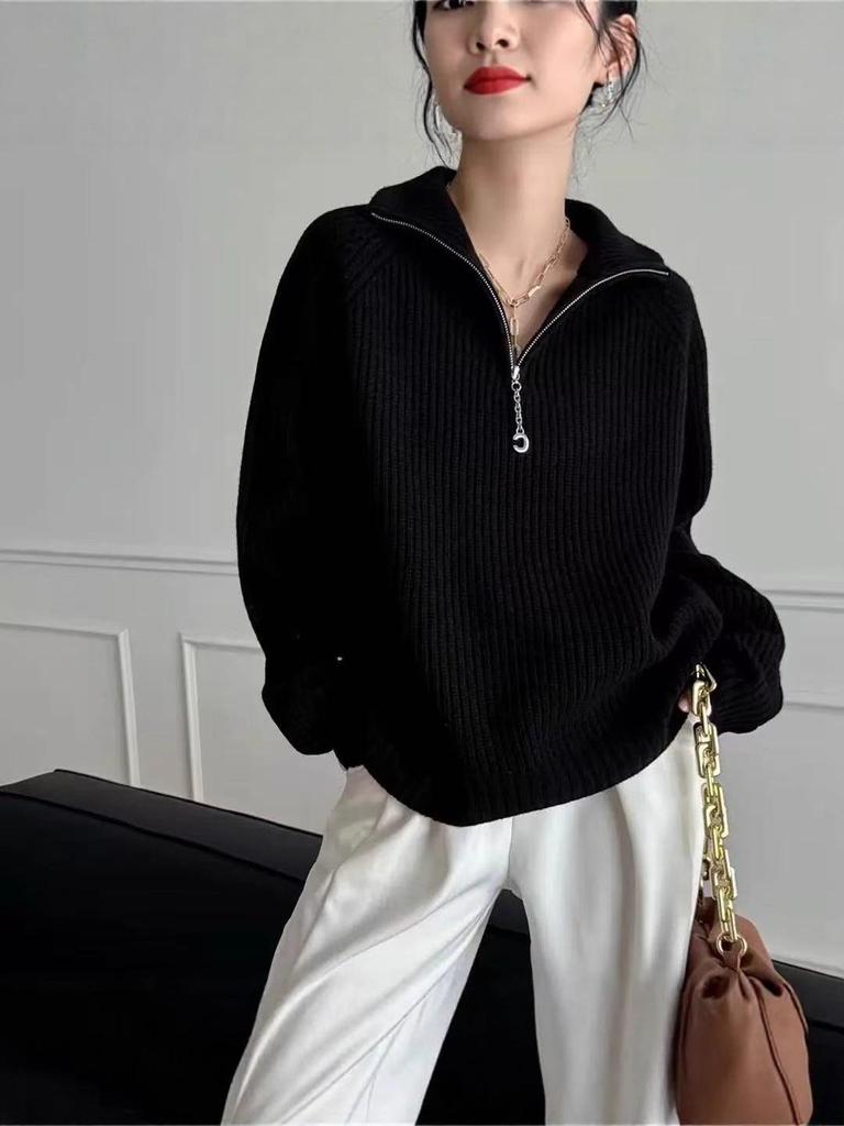 Stylish Lapel Zipper Knit Sweater: Loose Fit, Thick, Solid Color Pullover for Women