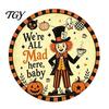 Wall Mounted Metal Decor Retro Halloween Sign, Round Decorative Vintage Illustration Sign Rustic Art for Living Room Party Decoration Festive