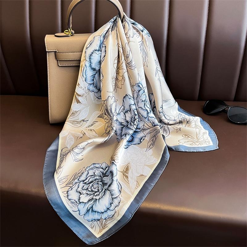 Fashion Luxury Rose Print Scarf Women Silk Scarves Bandana Hijab Neckerchief Shawl Kerchief Hair Band Foulard