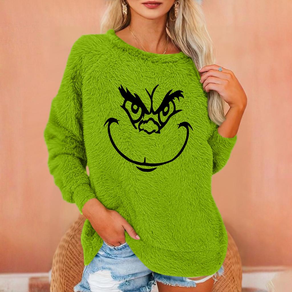 Damen Modischer Rundhals Langarm Weihnachts-Print Lockerer Plüsch Warmer Pullover