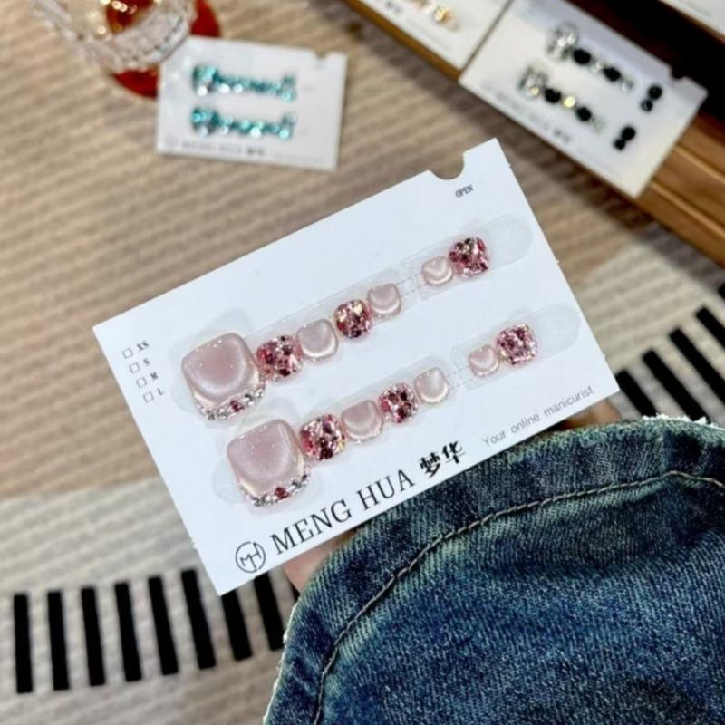 

Handmade Super Sparkle Cat Eye Glitter Diamond False Toe Nail Stickers Pink Grapefruit 14pcs Toe Nail S