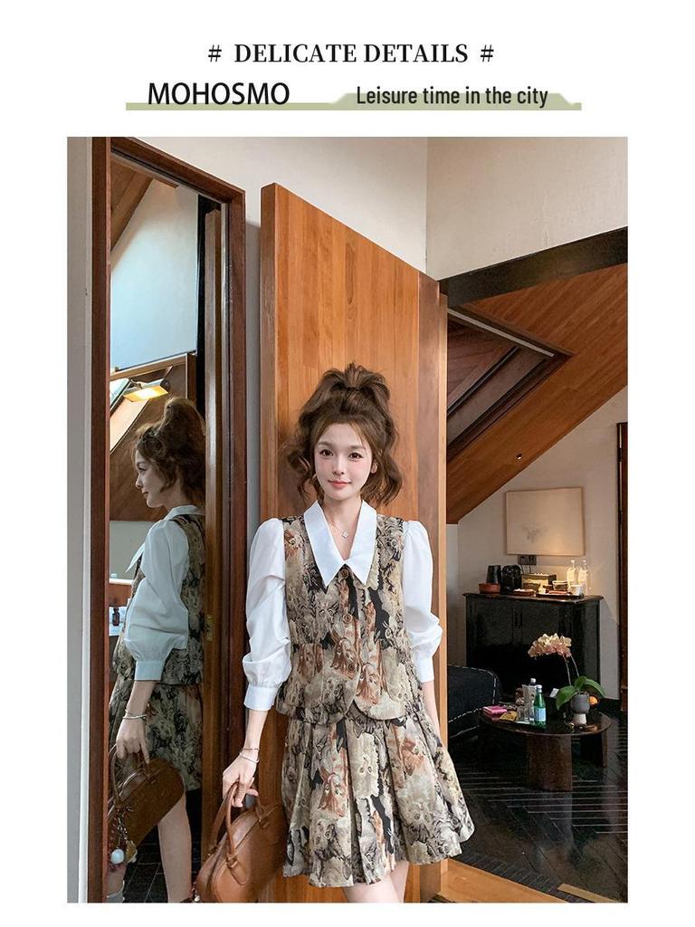 2025 Retro French Sweet Print Vest, Shirt, and Pleated Skirt Set
