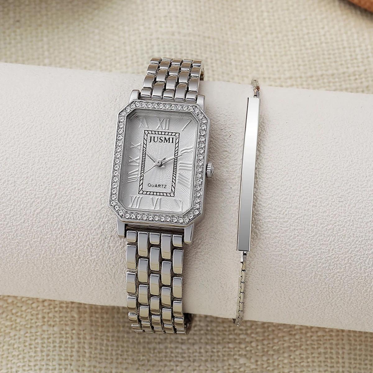 

Simple and Fashionable Diamond Square Dial Roman Numerals Steel Strap Women s Quartz Watch Set Two-Piece Set for Holiday Gifts серебряный