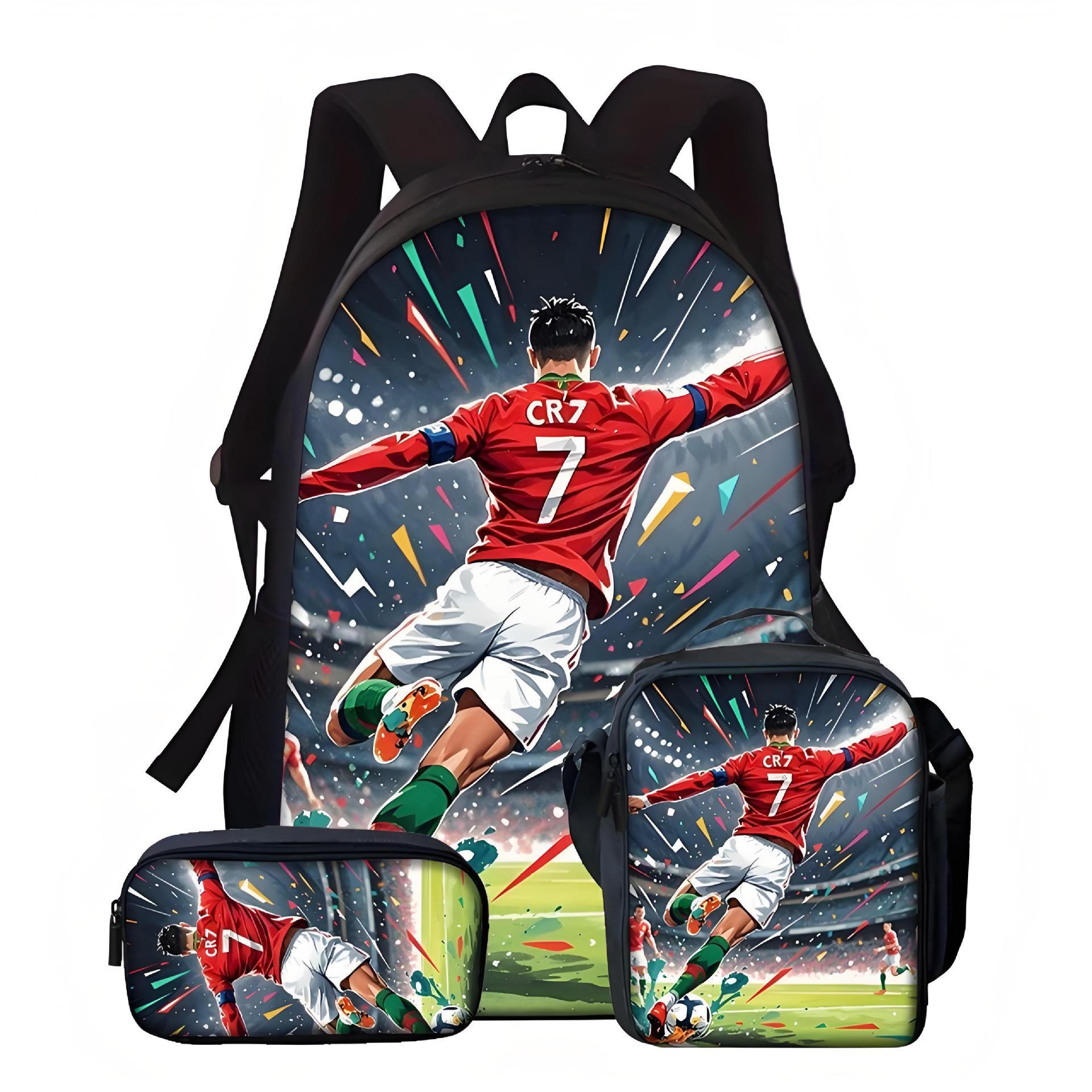 Sac à dos imprimé joueur de football Sac repas trois pièces Trousse à crayons Cartable étudiant grande capacité Three piece set