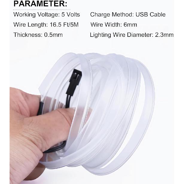 EL Wire Interior Car LED Strip Lights, 16.5FT USB Neon Glowing Strobing Electroluminescent Wire Strip With 6Mm Sewing Edge, Ambient Lighting Kits For