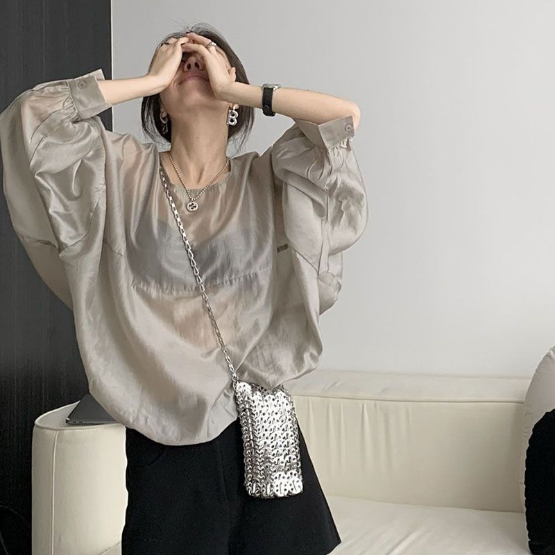 

Korean Style Thin Slightly Transparent Sun Protection Top Women s 2024 Summer New Arrival Fashion Trendy Sense of Design Loose Long Sleeves Blouse Grey S